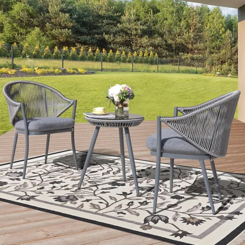Miniatura 6 de NUU GARDEN Juego de 3 piezas de bistró para exteriores, juego de patio de conversación de cuerda tejida, muebles de aluminio para todo tipo de Gris