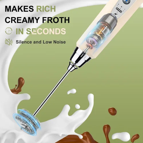 Miniatura 6 de YUSWKO Varita espumadora de leche de mano beige con soporte para café, batidor eléctrico recargable con 3 cabezales, 3 velocidades, mezclador de Oro
