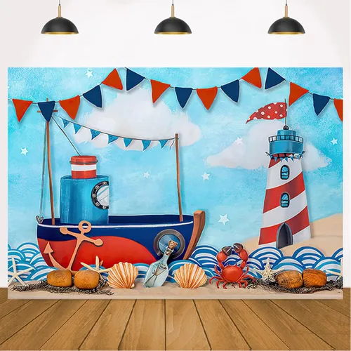 Miniatura 3 de Fondos de fotografía náutica de verano para tartas marineras, veleros, faros, decoración de cumpleaños, para niños, recién nacidos, primer