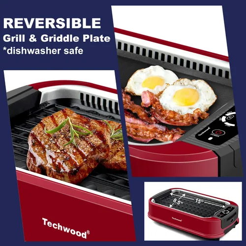 Miniatura 3 de Parrilla eléctrica para interiores sin humo, Techwood de 1500 W, con tapa de vidrio templado, parrilla de barbacoa coreana portátil antiadherente