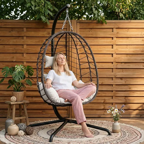 Miniatura 7 de LEX CRAFT Silla colgante de huevo con soporte, silla de huevo oscilante para exteriores e interiores, silla colgante con cojín, silla hamaca
