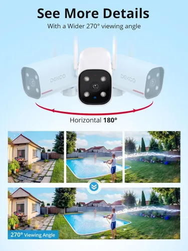 Miniatura 2 de DEKCO Cámara WiFi 2K rotación panorámica 180° cámaras de seguridad para exteriores con cable con visión nocturna a color, compatible con grabación