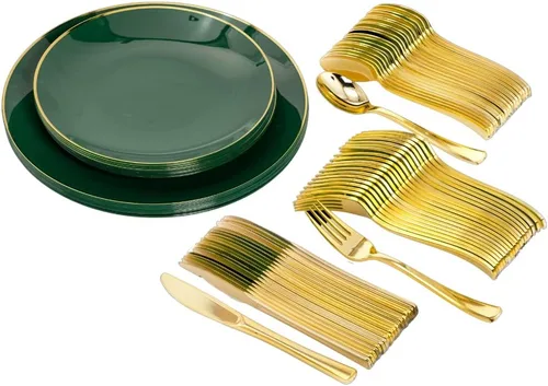 Trendables Juego de platos desechables con cubiertos, color verde para 40, incluye 40 platos, juego de cubiertos con tenedores de plástico,