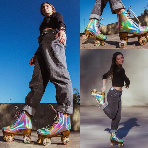 Miniatura 3 de JajaHoho Patines de ruedas para mujer, patines holográficos de alta calidad de piel sintética, patines brillantes de doble fila con cuatro ruedas