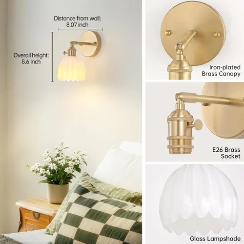Miniatura 4 de Shenmoyl Aplique de pared vintage a pilas con bonita pantalla de vidrio de tulipán blanco, inalámbrico, recargable, luz de pared funciona
