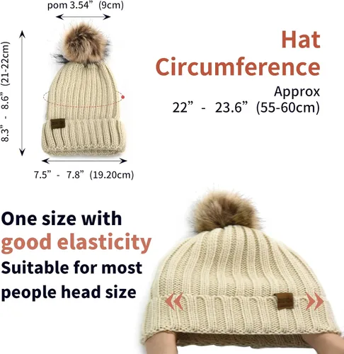 Miniatura 3 de ZOORON Gorro de punto de invierno para mujer con pompón de piel sintética, gorro de punto cálido para mujer