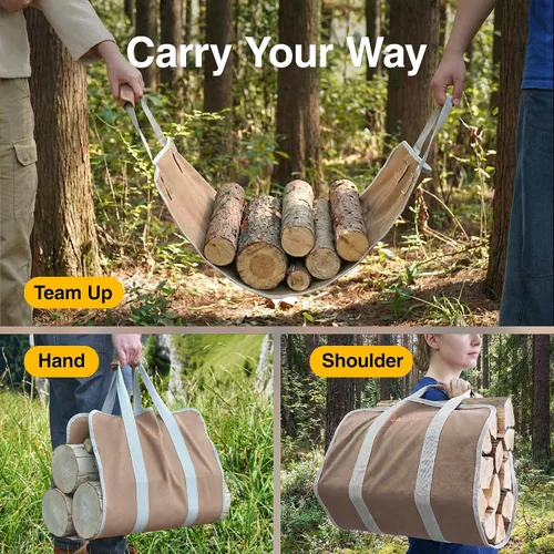 Miniatura 5 de Transportador de madera para leña con asas, bolsa honda plegable de lona de 16 onzas para leña, bolsa de transporte de troncos pesados de calidad
