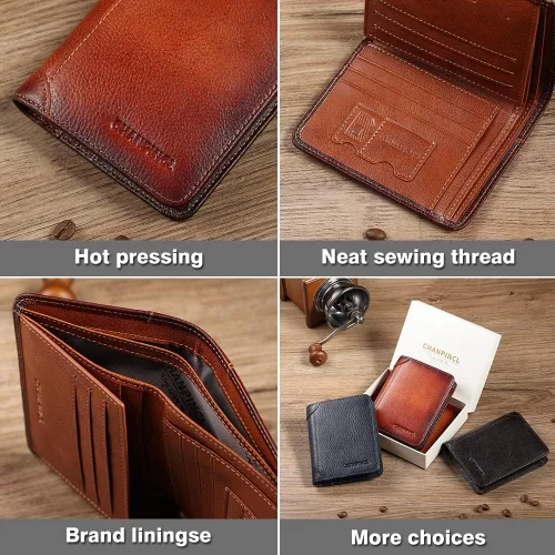 Miniatura 19 de Billetera de piel triple con bloqueo RFID para hombre con 2 ventanas de identificación, 2 compartimentos para efectivo, 6-8 ranuras para tarjetas