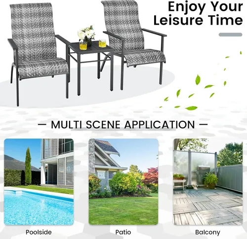 Miniatura 5 de RELAX4LIFE Juego de muebles de patio de 3 piezas, juego de bistró de mimbre para exteriores con mesa de café, respaldo ergonómico y reposabrazos