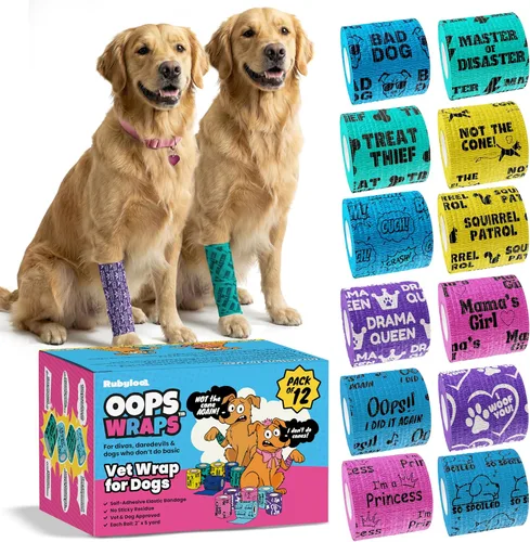 rubyloo Envoltura veterinaria para perros – Divertido vendaje para perros para heridas – Paquete de 12 cintas adhesivas veterinarias de 2 pulgadas –