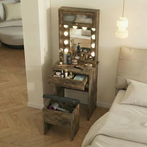 Miniatura 4 de ARTETHYS Escritorio pequeño con espejo y luces, tocador de maquillaje rústico pequeño con silla de almacenamiento, juego de mesa de maquillaje