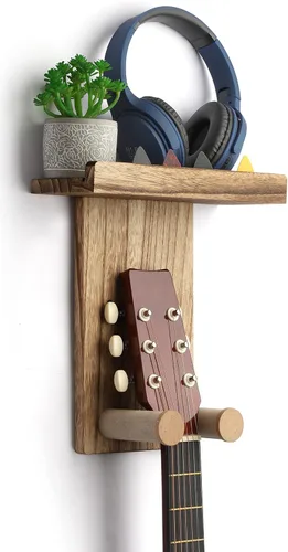 Miniatura 9 de Keebofly 2 unidades de colgador de pared para guitarra con estante de madera y soporte para púa para guitarra acústica, eléctrica, ukelele, bajo