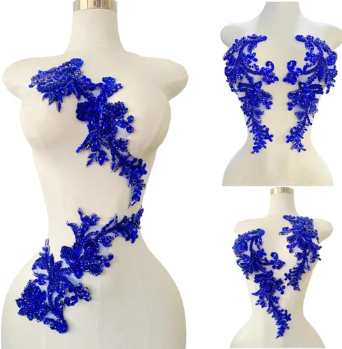 Miniatura 15 de Parches de apliques de encaje brillantes hechos a mano con cuentas de costura, lentejuelas y accesorios para vestido de novia, un par/bolsa Plata
