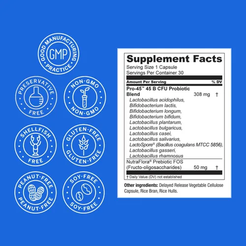 Miniatura 10 de Fórmula probiótica de grado clínico PRO45: 45 mil millones de UFC, 11 cepas patentadas Libre de lácteos. Cápsulas vegetarianas de liberación
