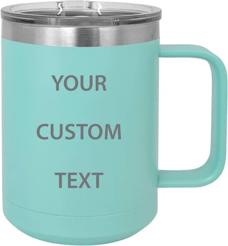 Vaso de viaje de acero inoxidable de 15 onzas personalizado con aislamiento para texto personalizado, taza de café, con asa, tapa deslizante, verde