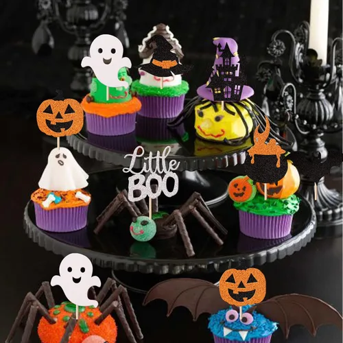 Miniatura 7 de Rsstarxi Paquete de 36 adornos para cupcakes de Halloween, murciélagos con purpurina, palitos de calabaza y calabazas, sombrero de bruja