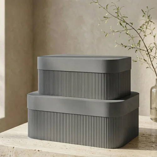 Miniatura 10 de Cajas de almacenamiento decorativas con tapas: juego de 2 hermosos cubos organizadores de cartón acanalado para la decoración de estanterías de tu