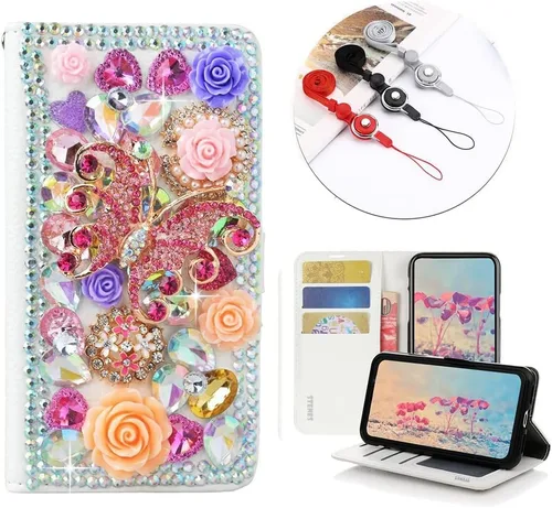 Miniatura 2 de Bling - Funda tipo cartera para teléfono compatible con Samsung Galaxy S22 Ultra, elegante funda de cuero con diseño de flores de mariposa y rosas