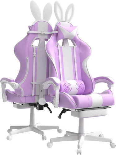 Miniatura 9 de Ferghana - Silla de juego Kawaii en azul claro con orejas de conejo, silla Gamer ergonómica y linda con reposapiés y masaje, silla de juego