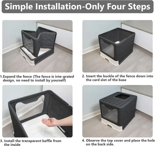 Miniatura 8 de Caja de arena plegable para gatos con tapa, orinal cerrado, inodoro grande de entrada superior antisalpicaduras, fácil de limpiar, incluye pala
