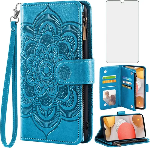 Asuwish Funda tipo cartera compatible con Samsung Galaxy A42 5G y protector de pantalla de vidrio templado, soporte de cuero con tapa para teléfono