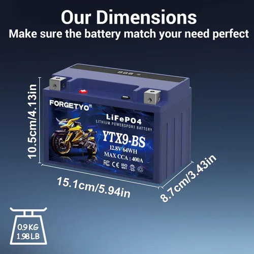 Miniatura 2 de Batería de litio YTX9-BS, LiFePO4 para motocicleta, 12V 5AH 400A ATV, UTV, Jet Ski, 4 ruedas, moto de nieve, tractor y generador Powersports batería