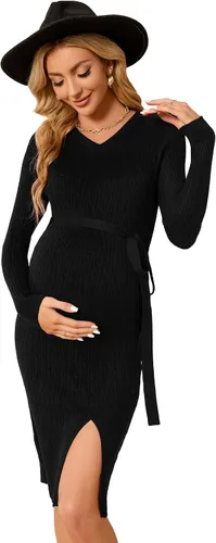 KOJOOIN Suéter de punto trenzado de maternidad de manga larga, vestido ajustado con cuello en V, para otoño, casual, con abertura, vestido midi para