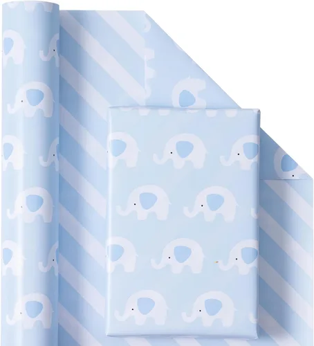 Miniatura 2 de WRAPAHOLIC - Papel de regalo reversible para bebé niño, rollo mini - 17 pulgadas x 33 pies - Lindo diseño de elefante azul, perfecto para baby Bebé