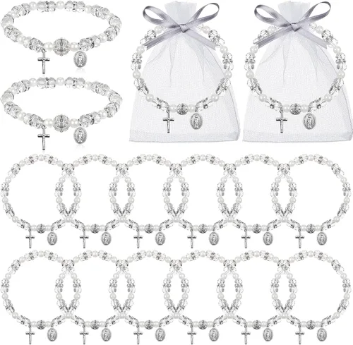 Miniatura 7 de Taiyin Rosary Bracelet Bulk with Mesh Bags, White Religious Rosary Bead Bracelet Catholic Bracelets, Baptism First Communion Gifts for Women