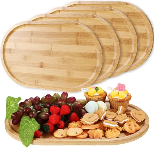 Miniatura 9 de Tanlade 4 bandejas de madera de 16 x 10 pulgadas, bandejas ovaladas de madera rústica para manualidades, gran fuente decorativa de madera para té