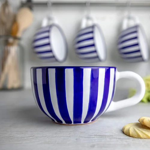 Miniatura 2 de City to Cottage Taza de cerámica hecha a mano, diseño de rayas azul marino, extra grande de 17.5 onzas, capuchino de cerámica, café, té, taza