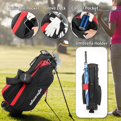 Miniatura 5 de Bolsa de soporte de golf de nailon, ligera, divisor de 14 vías, 6 bolsillos con cremallera, bolsa para club de golf con asa, cubierta de lluvia