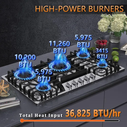 Miniatura 2 de Cocina de gas integrada de 30 pulgadas, 5 quemadores sellados Italia SABAF de gas 41,800BTU, convertible a NG/LPG, estufa de gas de acero inoxidable