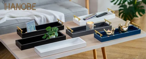 Miniatura 5 de Hanobe Bandeja larga para centro de mesa: bandejas estrechas decorativas portavelas de madera, bandeja de centro de mesa con asas para decoración