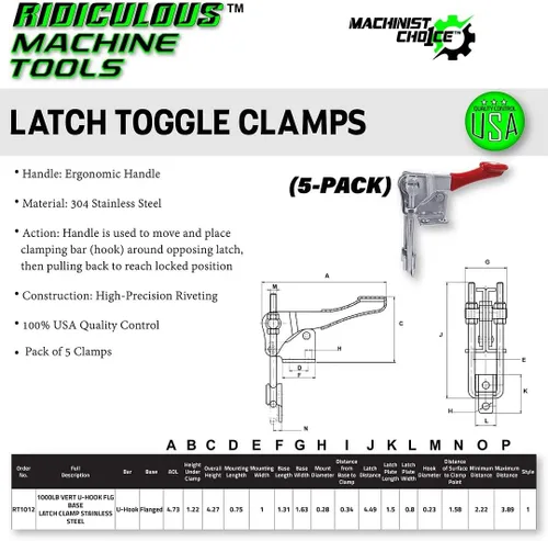Miniatura 2 de (5 unidades) 1000LB Gancho vertical en U FLG BASE LATCH ABRAZADERA DE ACERO INOXIDABLE