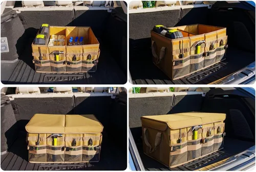 Miniatura 7 de Organizador grande de maletero de 70 L, organizador de maletero con tapa, caja de almacenamiento de carga plegable, marrón, 4 compartimentos