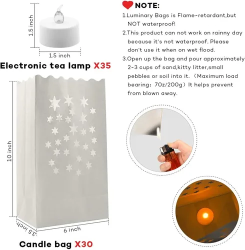 Miniatura 2 de ANZOME Velas de té sin llama con 30 paquetes de bolsas luminarias, 30 velas LED sin perfume, velas de té falsas con llamas realistas, Navidad