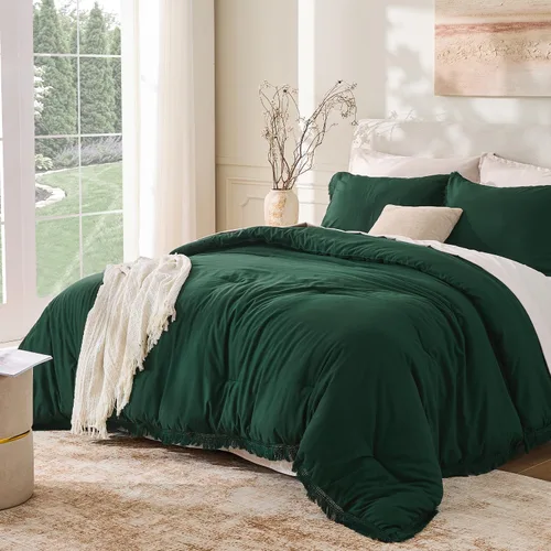 Miniatura 20 de Andency - Juego de edredón tamaño completo de color naranja quemado, 3 piezas, ropa de cama ligera de estilo bohemio terracota para invierno, juego