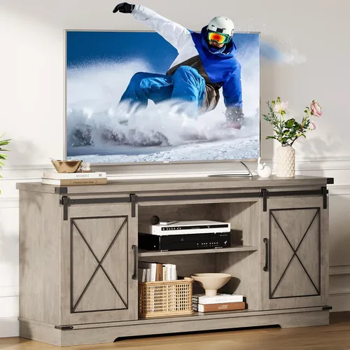 GarveeHome Soporte de TV de granja para TV de hasta 65 pulgadas y centro de entretenimiento con puertas corredizas de granero y estante ajustable,
