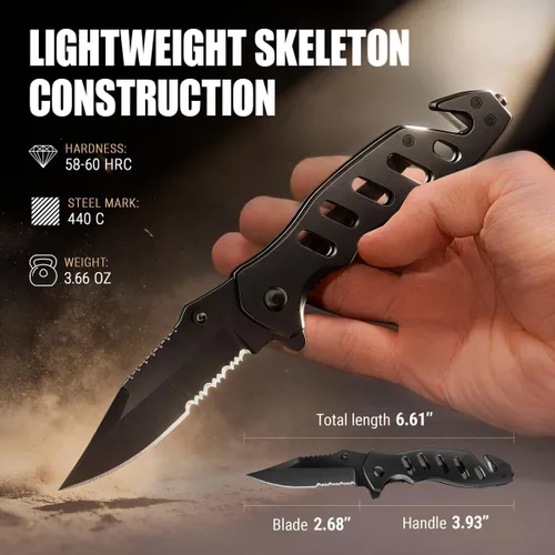 Miniatura 4 de Cuchillo táctico legal para hombres y mujeres - Hoja serrada de 2.68 pulgadas - Pequeños cuchillos de bolsillo negros con rompecristales y cortador