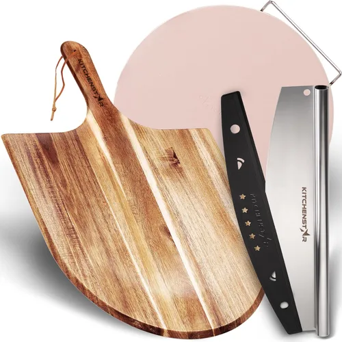 KitchenStar Cortador de pizza de 18 pulgadas + cáscara de pizza de madera de acacia de 16 pulgadas + piedra de pizza para horno y parrilla de 16