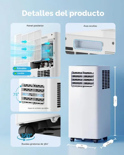 Miniatura 7 de Feelfunn Aire acondicionado portátil de 8000 BTU, 3 en 1, enfría 350 pies cuadrados, CA silenciosa con ventilador y deshumidificador, pantalla LED