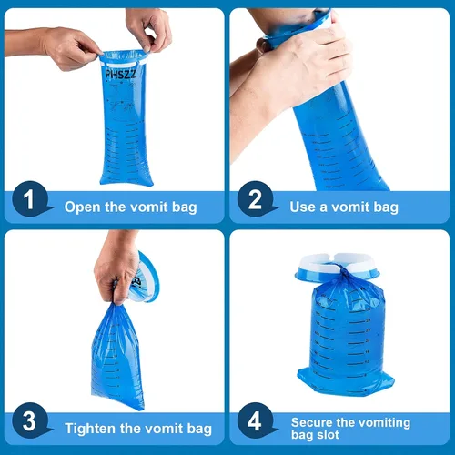 Miniatura 9 de Paquete de 40 bolsas de vómito desechables, resistentes a fugas, bolsa portátil azul para vómitos, 33.8 fl oz Emesis Vomit, vómito para vómito