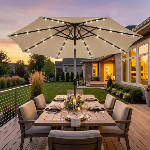 Miniatura 2 de Yaheetech - Paraguas de 9 pies con energía solar para patio - Paraguas de mesa de mercado con protección UV, 32 luces LED y botón de inclinación