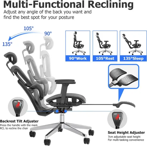 Miniatura 8 de PatioMage Silla de oficina ergonómica, silla de escritorio grande y alta con soporte lumbar ajustable y profundidad del asiento, silla de Gris oscuro