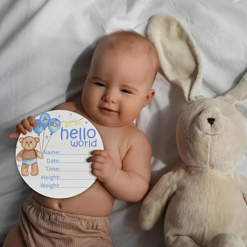 Miniatura 9 de Hello World Birth Announcement - Cartel redondo de madera de abedul para recién nacido, para guardería, hospital, baby shower, placa personalizada