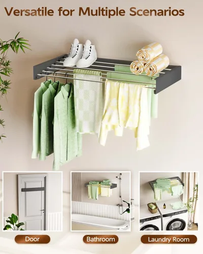 Miniatura 4 de Vikaqi Tendedero de ropa para montar en la pared de 40 pulgadas, plegable para colgar en la pared, estante plegable para interiores, estante de Negro