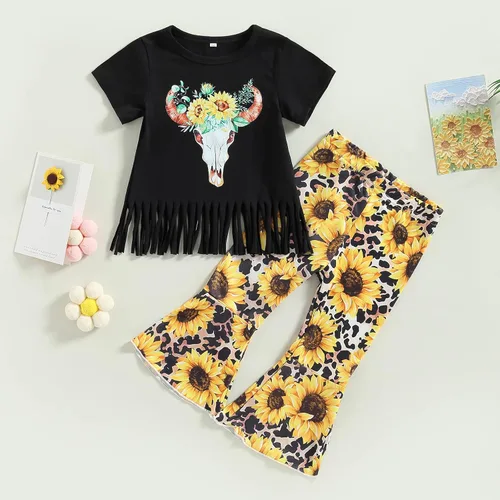 Miniatura 100 de fhutpw Conjunto de camiseta de manga corta con estampado de vaca y pantalones acampanados de dibujos animados para niñas
