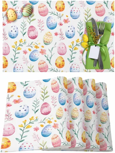 Miniatura 26 de Juego de 4 manteles individuales con diseño floral de conejo de Pascua, manteles individuales lavables para cocina, mesa de comedor, manteles