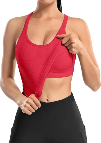 Miniatura 58 de ATTRACO Camiseta corta acanalada de entrenamiento para mujer con brasier integrado para yoga, espalda cruzada, ajuste ajustado